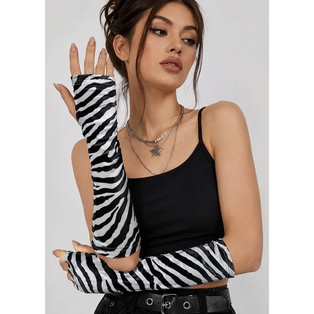 Goth Y2K Zebra Print Crushed Velvet Arm Sleeves Fingerless Thumb Hole Gloves